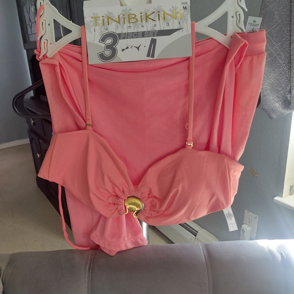 TiniBikini Pink 3-Piece Swim Set with Gold Logo